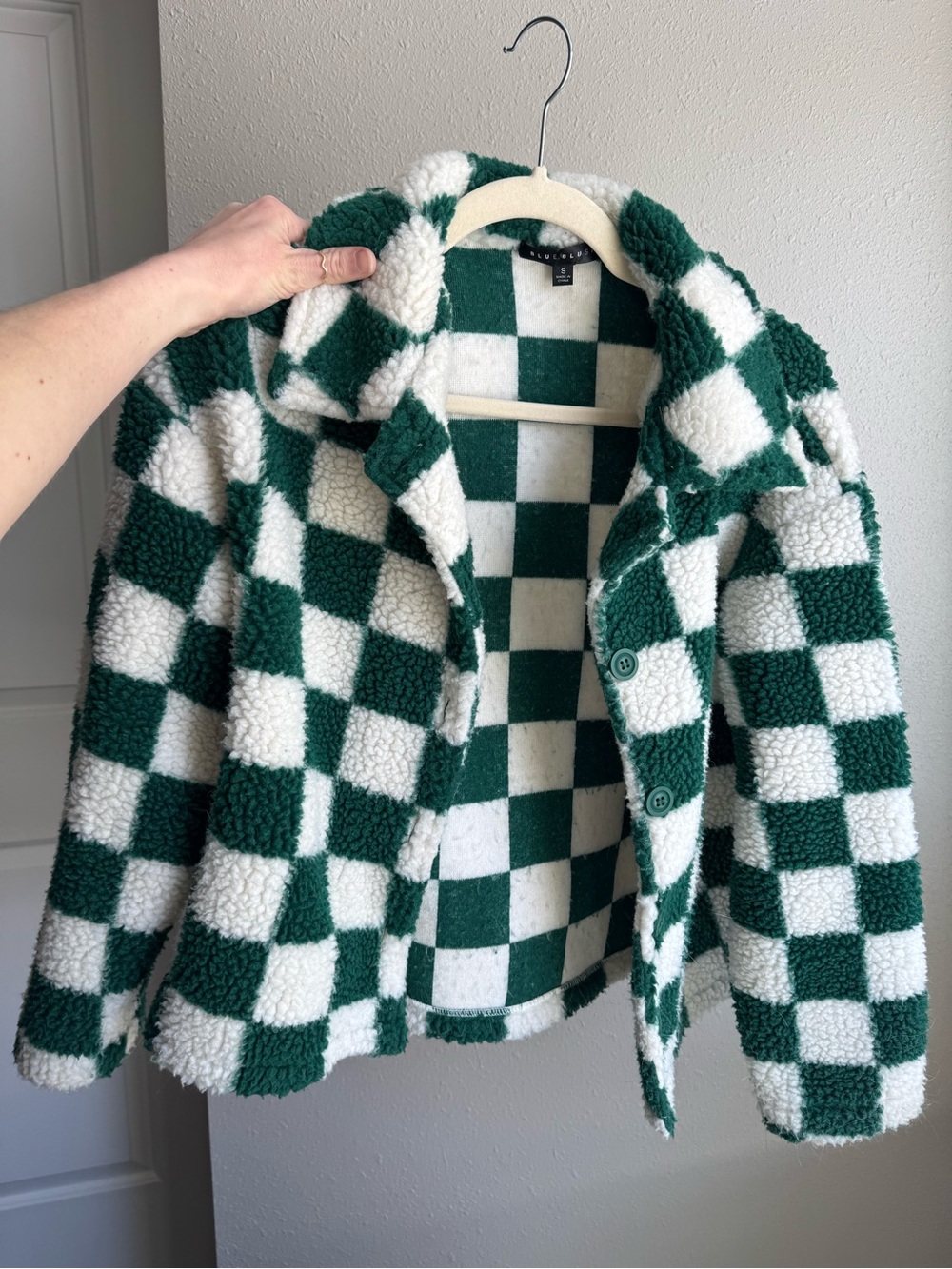 Green & White Checkered Sherpa Jacket